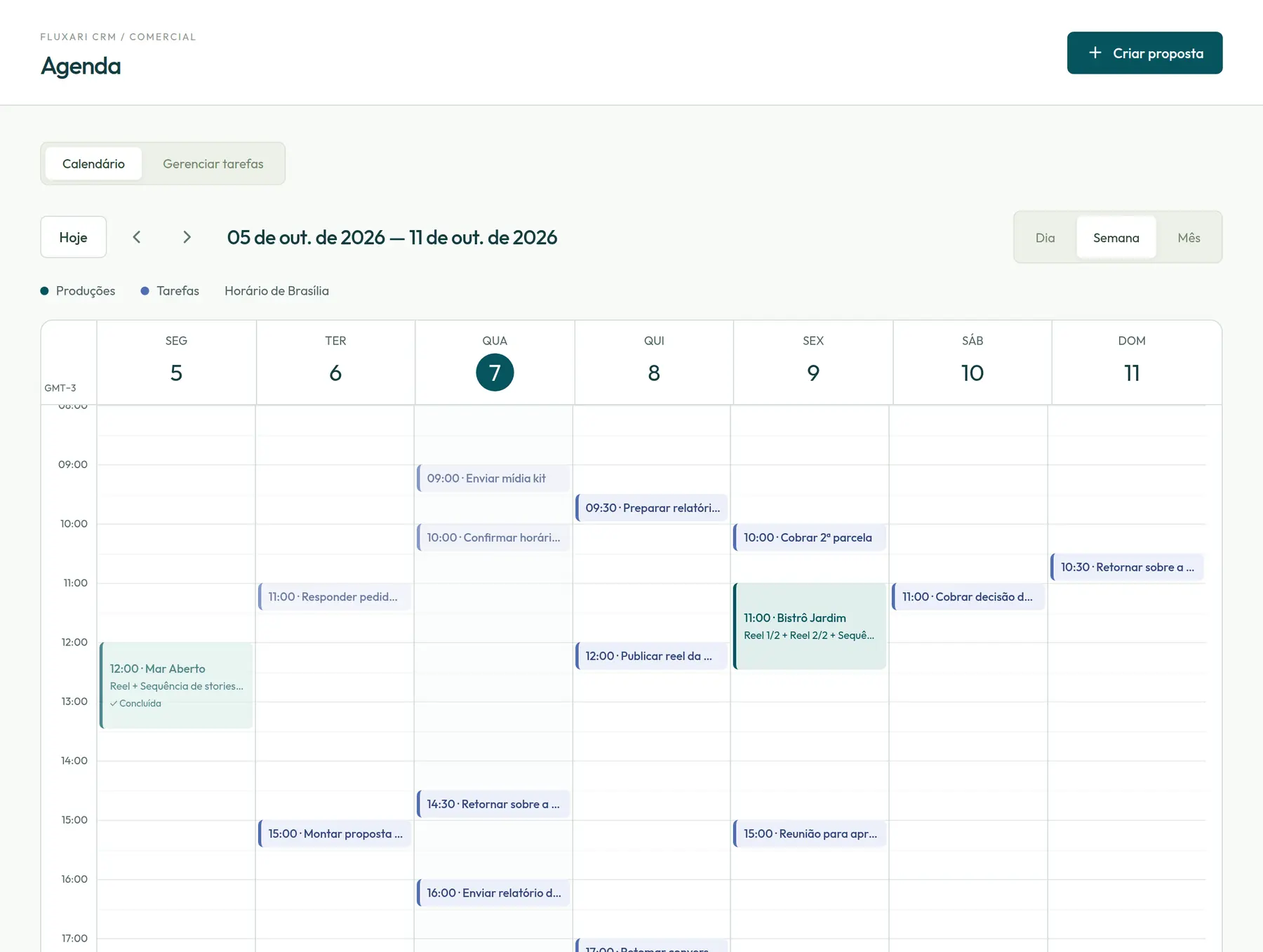 Agenda semanal com gravações em restaurantes, retornos, cobranças e publicações