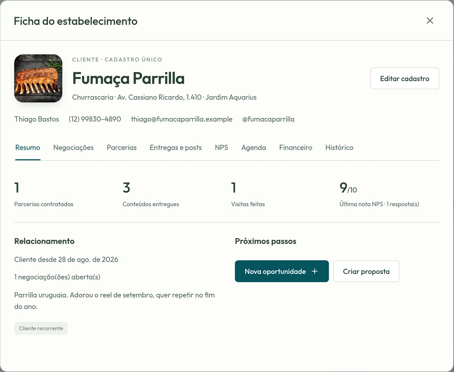 Ficha de uma churrascaria com foto, responsável, Instagram, parcerias contratadas, conteúdos entregues, nota NPS e observações da parceria