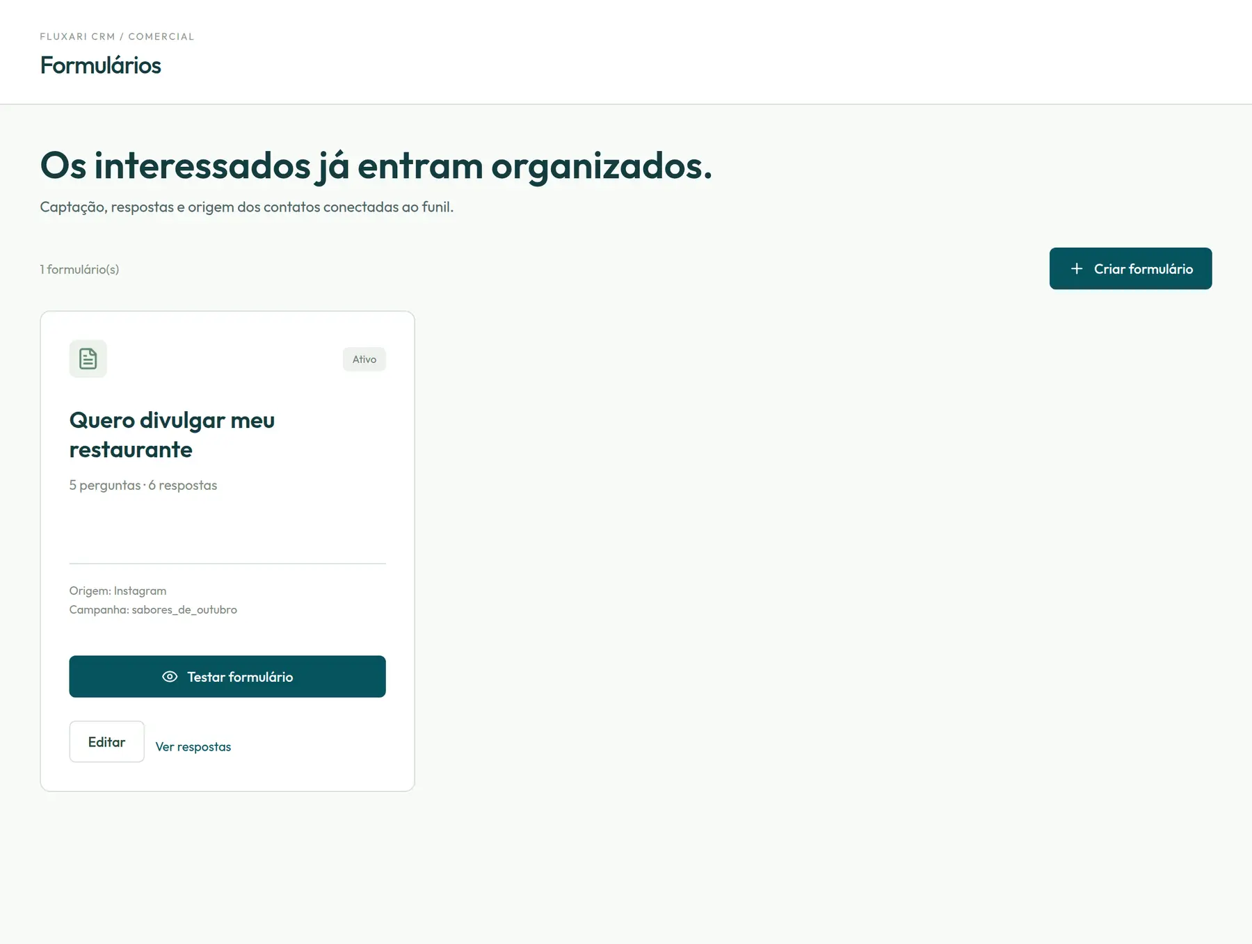 Formulário Quero divulgar meu restaurante, ativo, com origem Instagram e campanha identificada