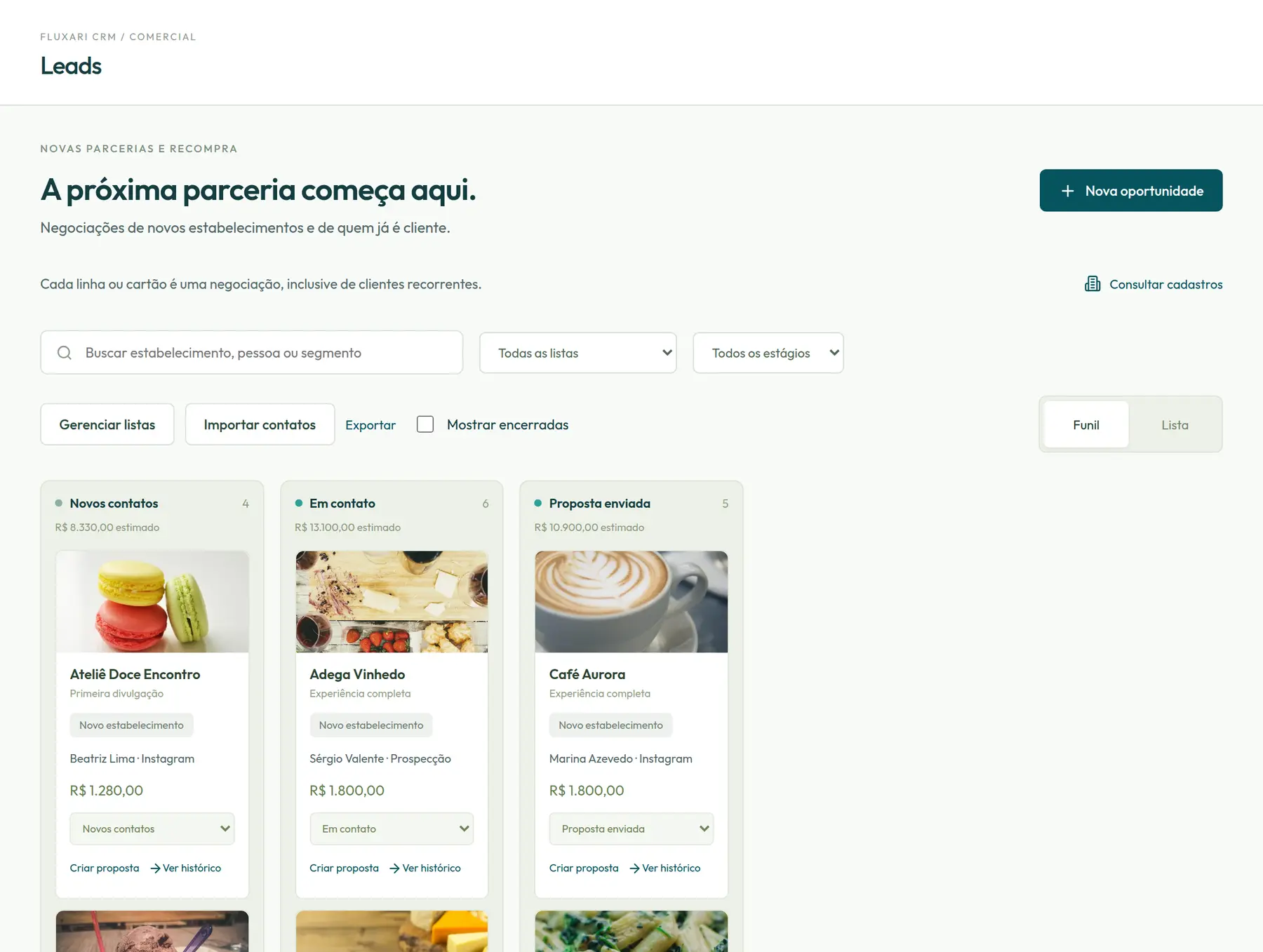 Funil de leads com foto de cada restaurante nas etapas novos contatos, em contato e proposta enviada, com valor estimado e origem